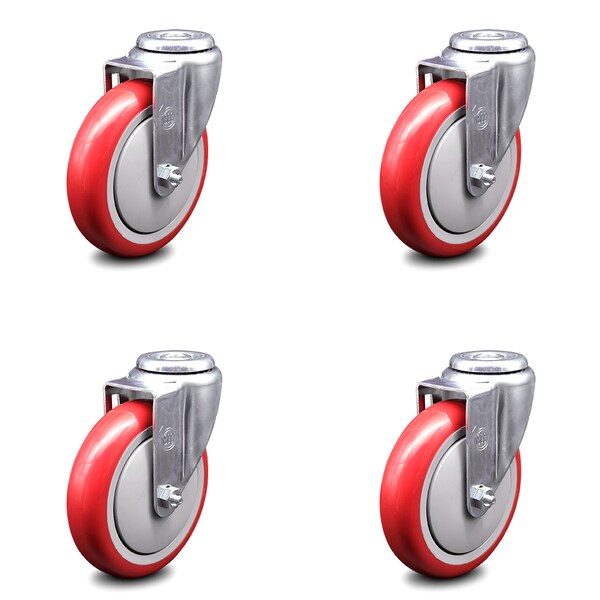 5 Inch Red Polyurethane Wheel Swivel Bolt Hole Caster Set